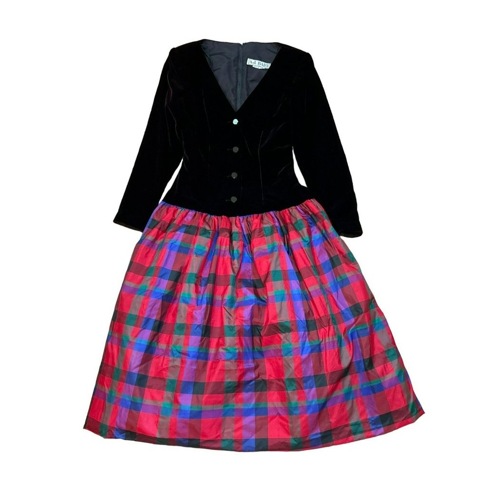 Vintage AJ Bari Womens Velvet Taffeta 1980s Holiday Dress Size 6 Red Plaid Class